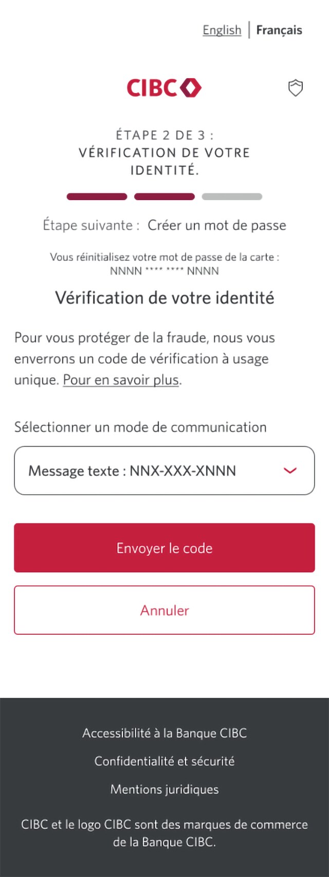 Écran 4 de la démonstration : Page 2a du processus de réinitialisation du mot de passe dans Services bancaires CIBC en direct. Une animation dynamique met en évidence le bouton Envoyer le code.