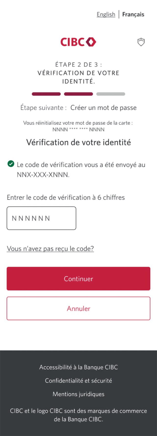 Écran 5 de la démonstration : Page 2b du processus de réinitialisation du mot de passe dans Services bancaires CIBC en direct. Une animation dynamique met en évidence le bouton Continuer.