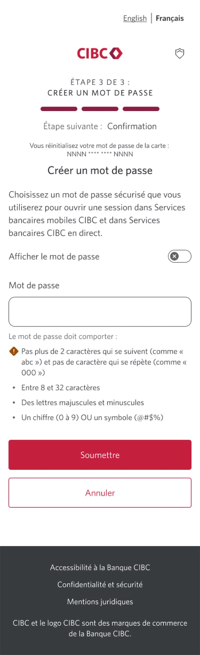 Écran 6 de la démonstration : Page 3a du processus de réinitialisation du mot de passe dans Services bancaires CIBC en direct. Une animation dynamique met en évidence le bouton Soumettre.