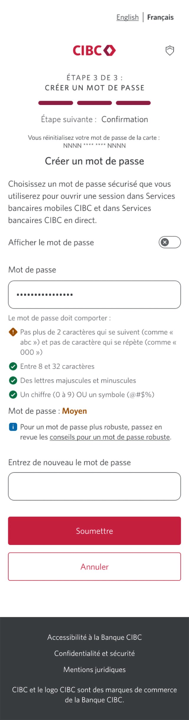 Écran 7 de la démonstration : Page 3b du processus de réinitialisation du mot de passe dans Services bancaires CIBC en direct. Une animation dynamique met en évidence le bouton Soumettre.