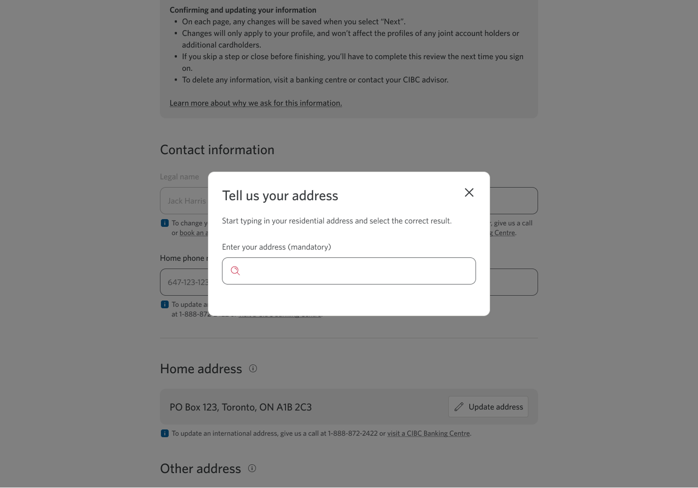Demo screen 3: CIBC Online Banking confirm your information prompt. A pulsing animation highlights the address search field.
