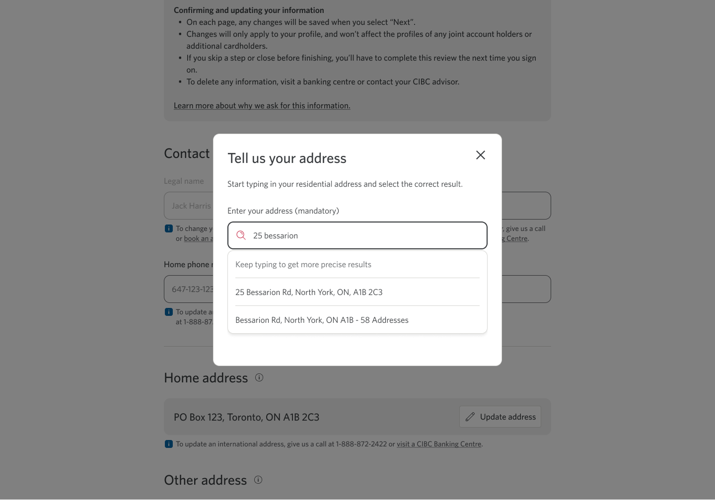 Demo screen 4: CIBC Online Banking confirm your information prompt. A pulsing animation highlights the search field.