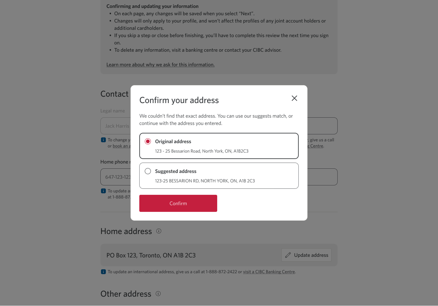 Demo screen 5: CIBC Online Banking confirm your information prompt. A pulsing animation highlights the "Confirm" button.