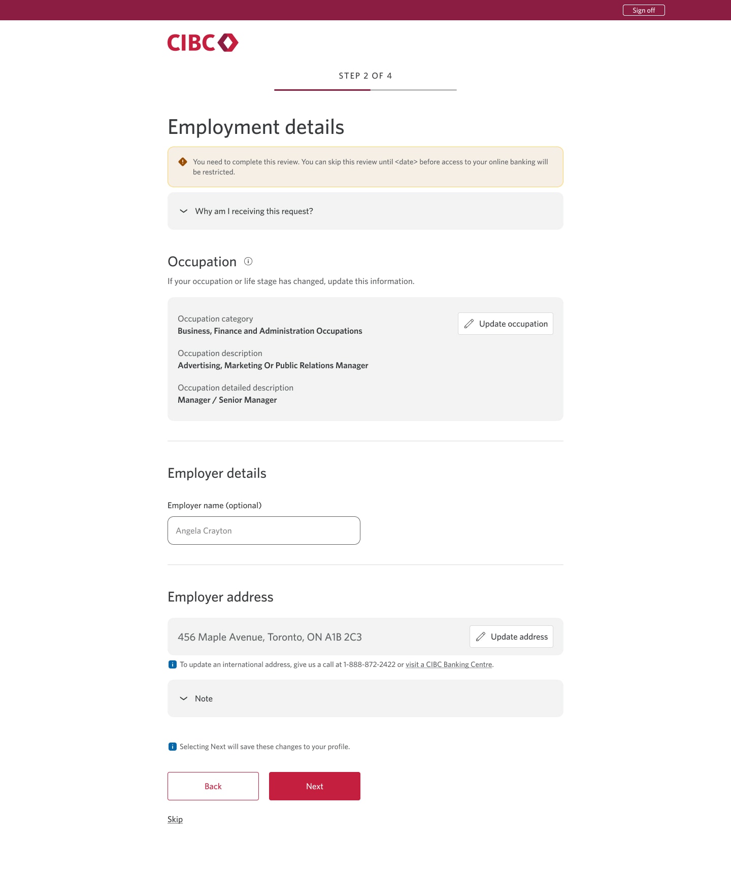 Demo screen 7: CIBC Online Banking confirm your information prompt. A pulsing animation highlights the "Next" button.