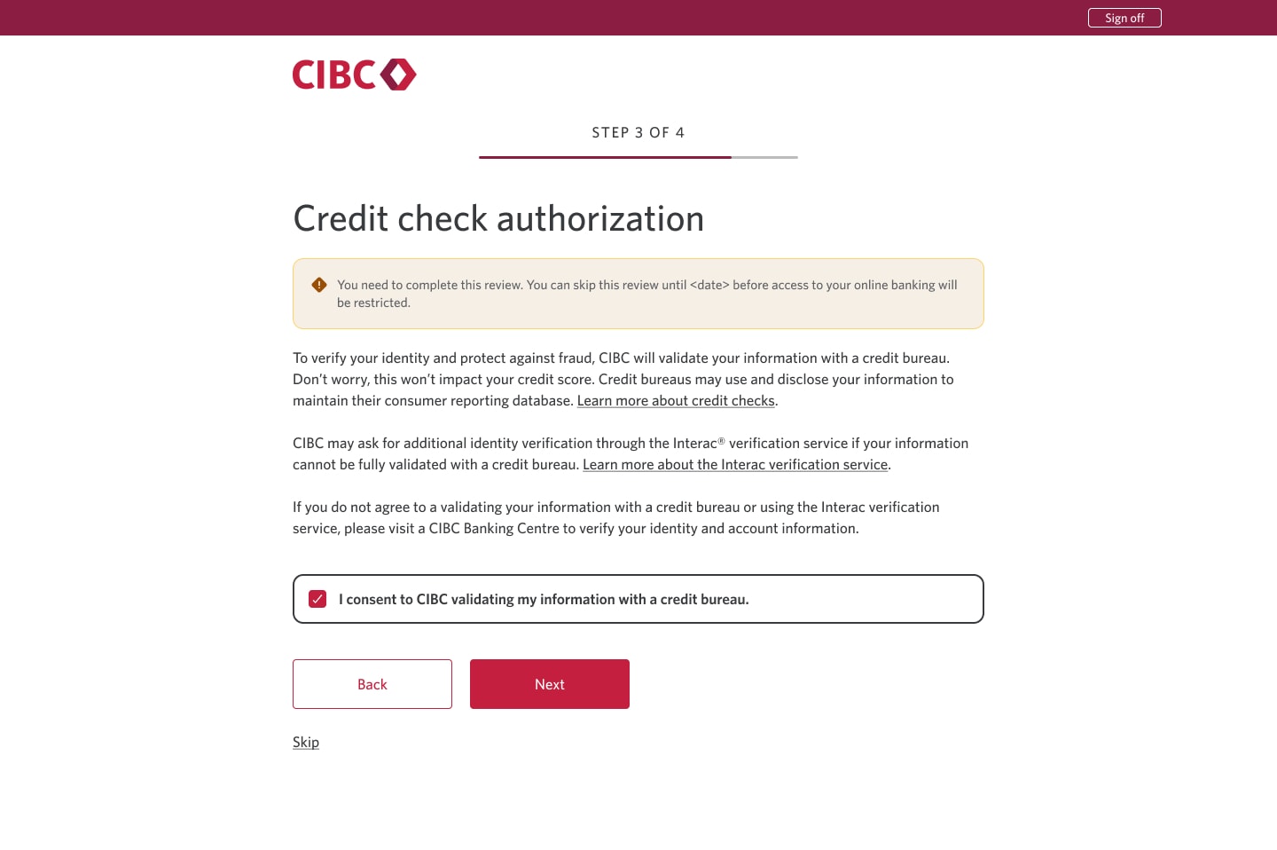 Demo screen 8: CIBC Online Banking credit check authorization. A pulsing animation highlights the "Next" button.