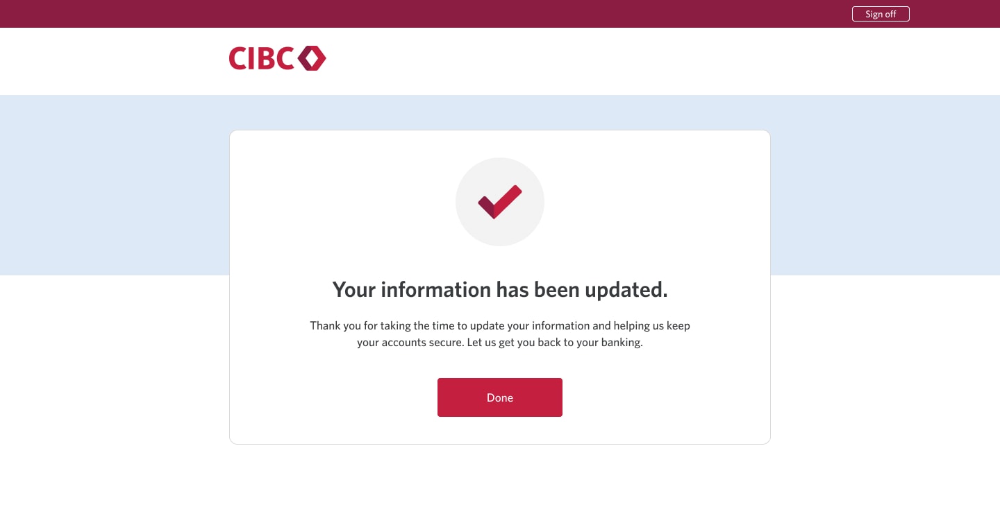 Demo screen 10: CIBC Online Banking confirm your information confirmation. No pulsing animation.