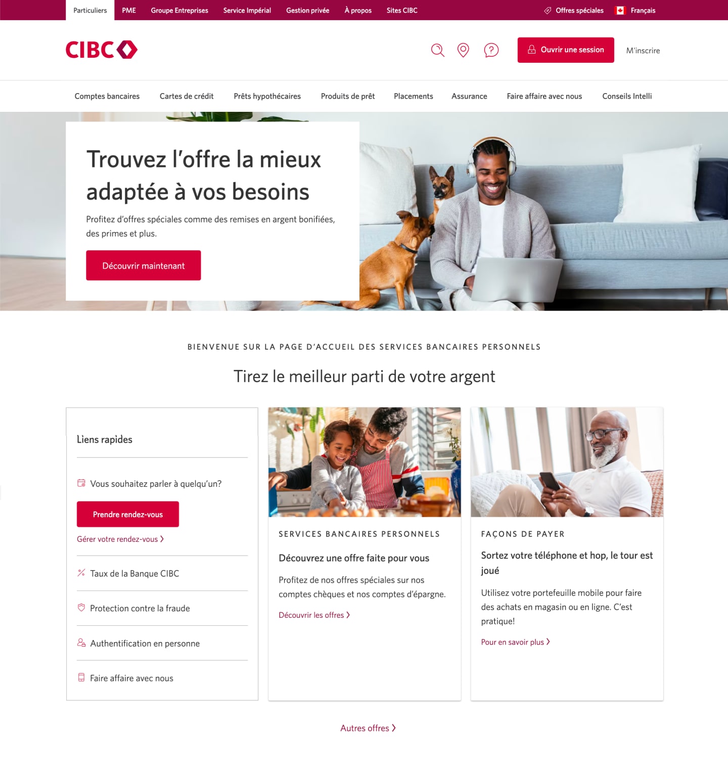 Écran 1 de la démonstration : Page d’accueil CIBC. Une animation dynamique met en évidence le bouton d’ouverture de session.