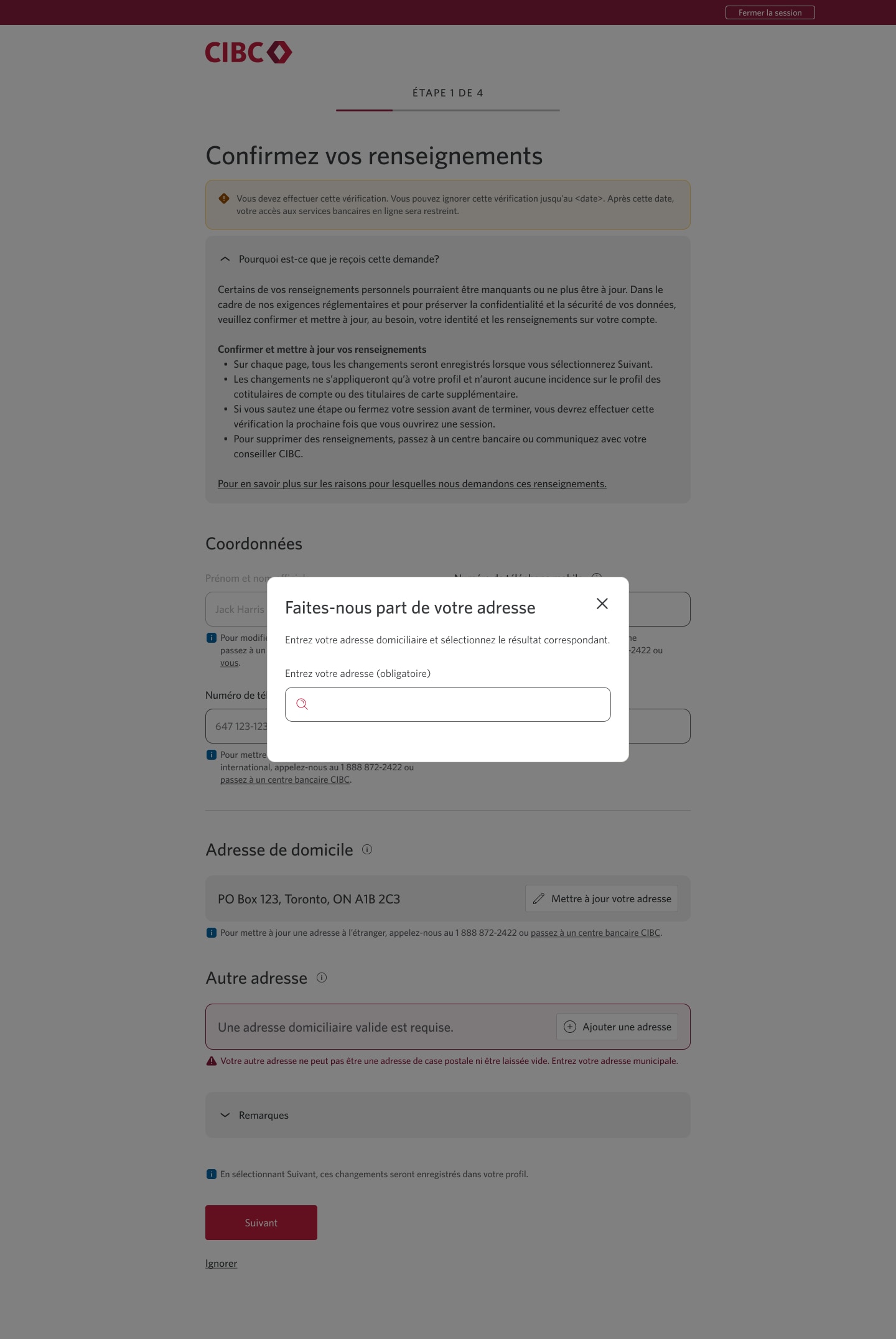 Écran 3 de la démonstration : Message « Confirmez vos renseignements » dans Services bancaires CIBC en direct. Une animation dynamique met en évidence le champ de recherche d’adresse.