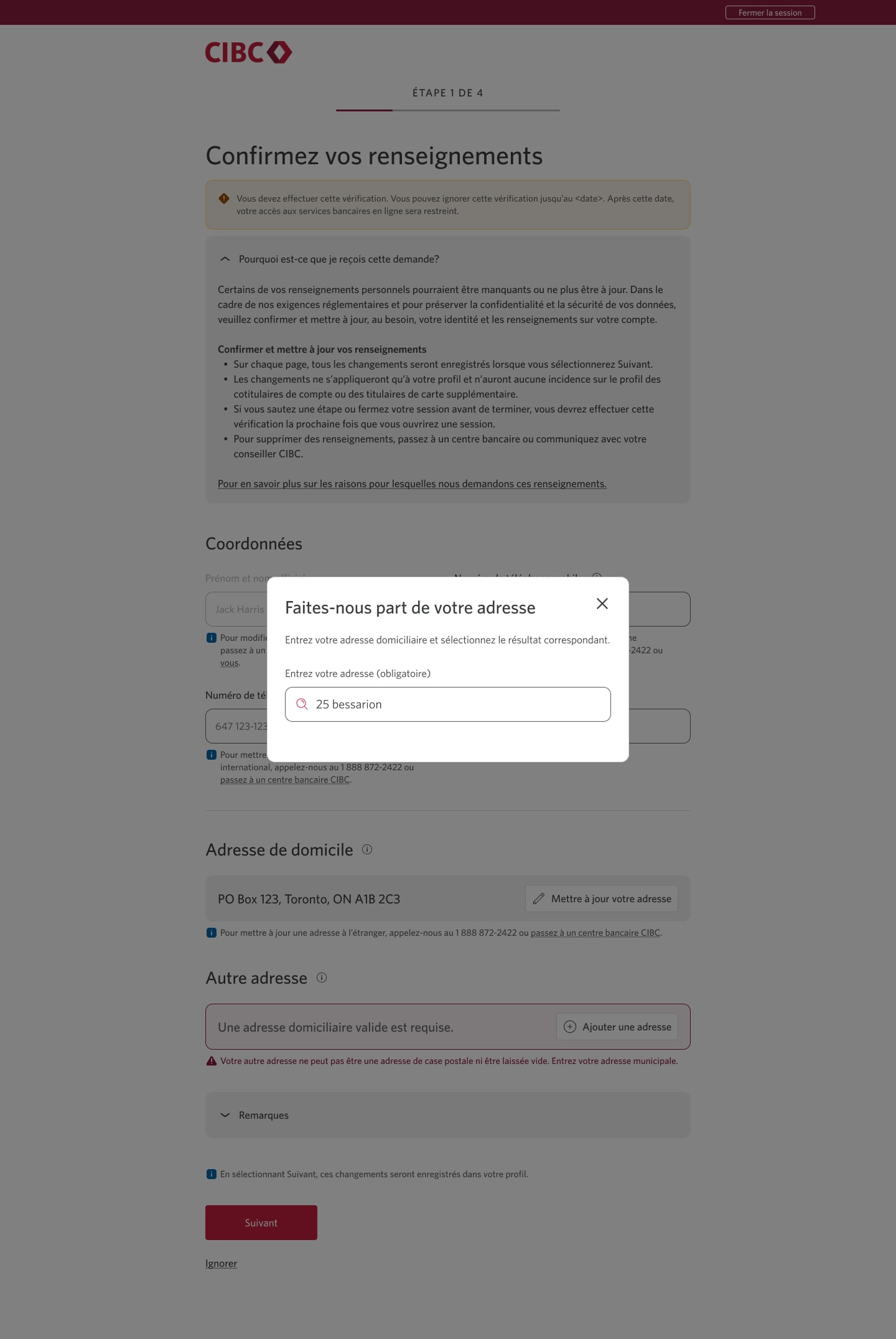 Écran 4 de la démonstration : Message « Confirmez vos renseignements » dans Services bancaires CIBC en direct. Une animation dynamique met en évidence le champ de recherche.