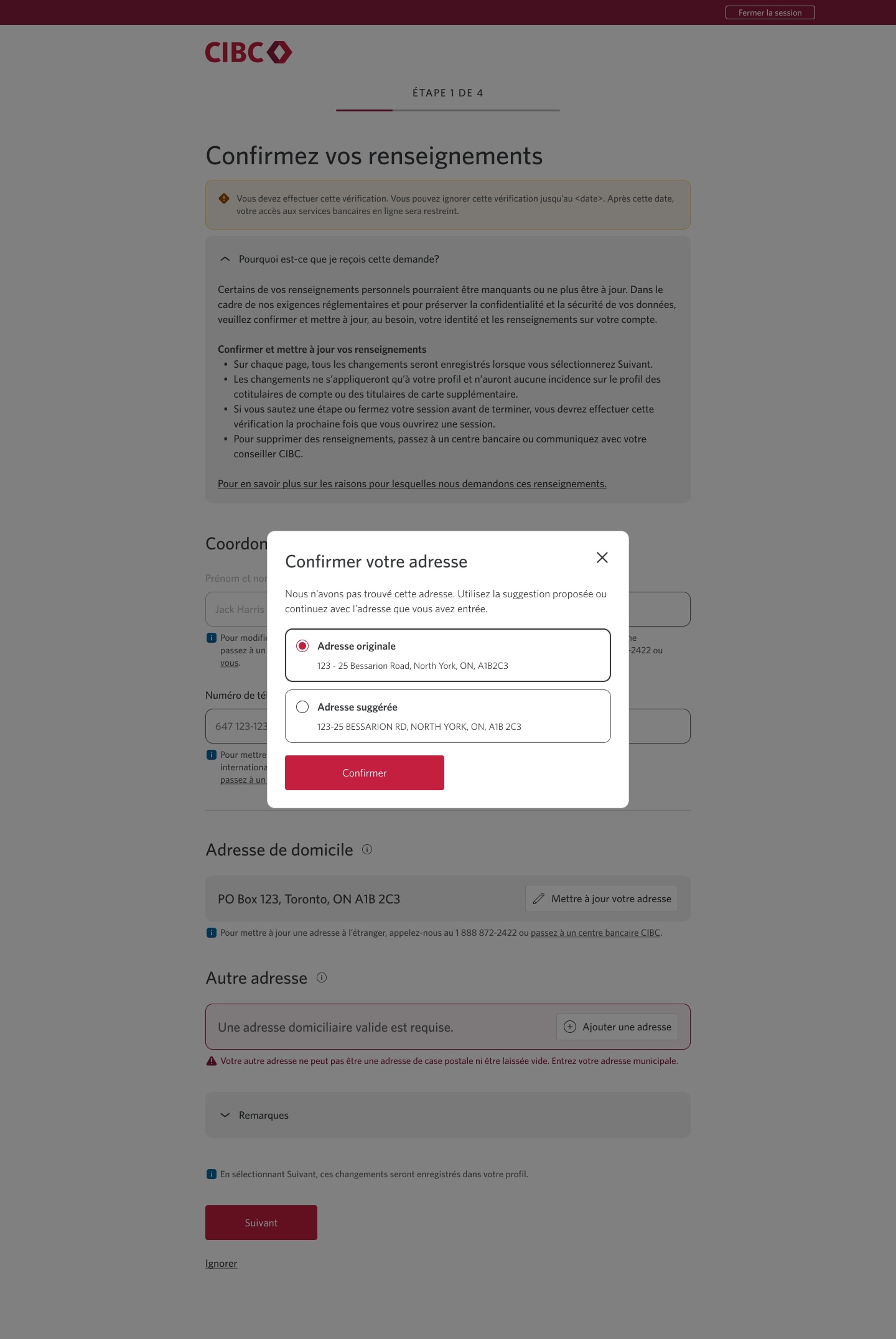 Écran 5 de la démonstration : Message « Confirmez vos renseignements » dans Services bancaires CIBC en direct. Une animation dynamique met en évidence le bouton Confirmer.