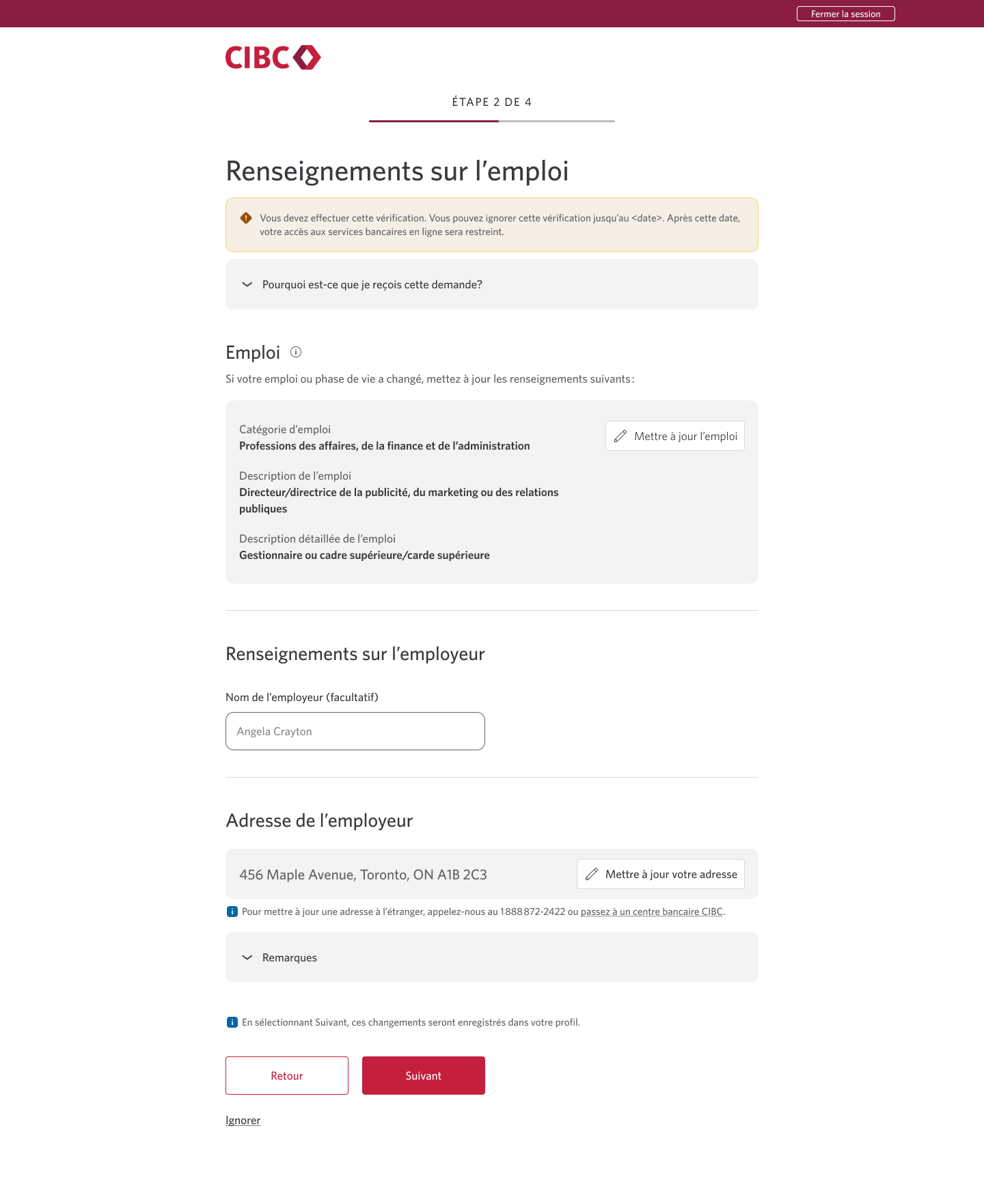 Écran 7 de la démonstration : Message « Confirmez vos renseignements » dans Services bancaires CIBC en direct. Une animation dynamique met en évidence le bouton Suivant.