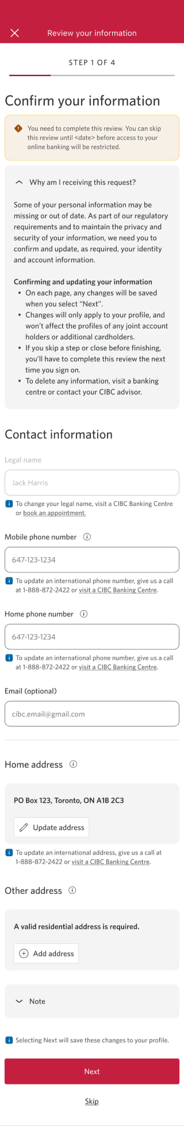 Demo screen 2: CIBC Mobile Banking App confirm your information prompt. A pulsing animation highlights the "Next" button.