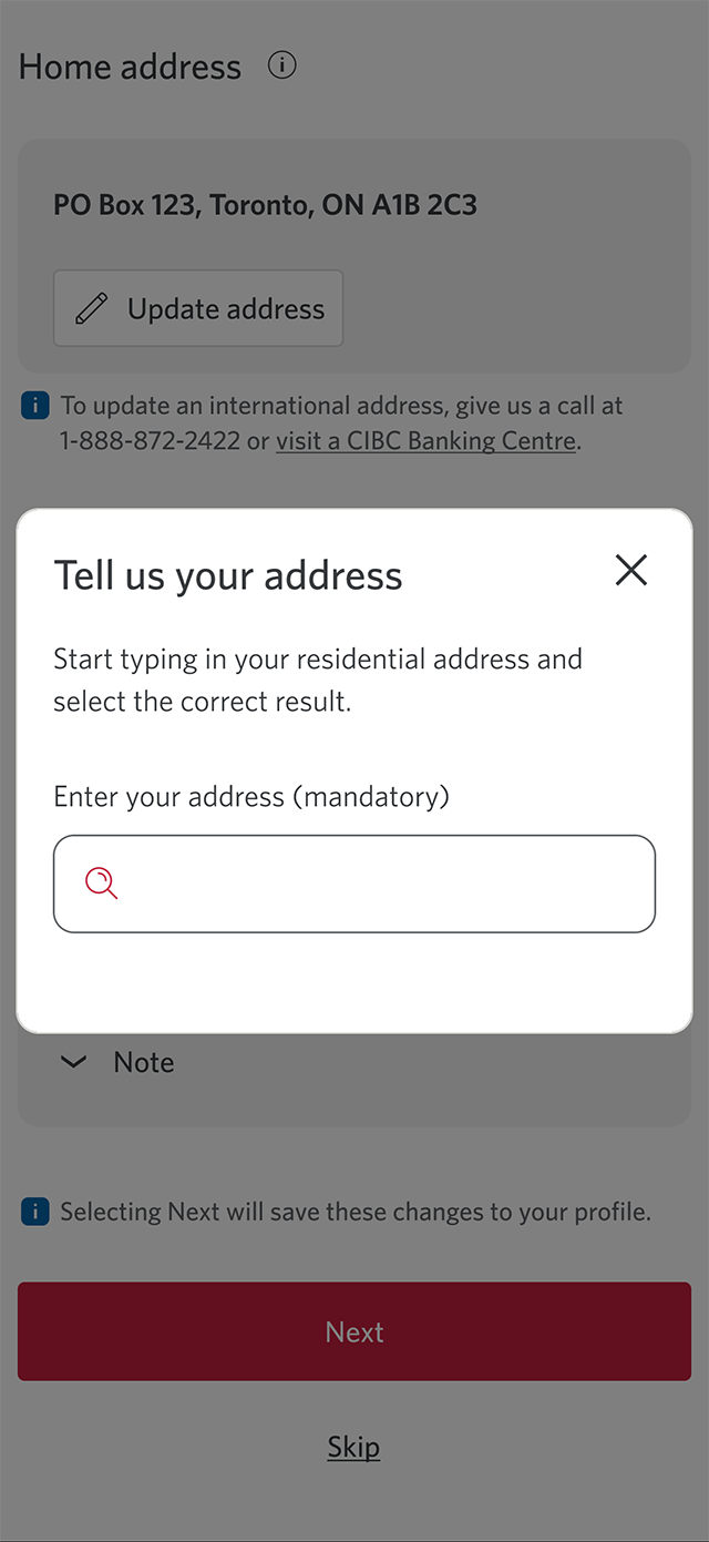 Demo screen 3: CIBC Mobile Banking App confirm your information prompt. A pulsing animation highlights the address search field.