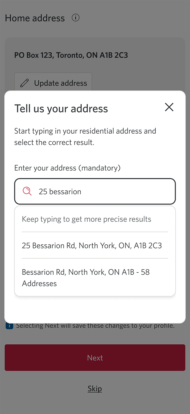 Demo screen 4: CIBC Mobile Banking App confirm your information prompt. A pulsing animation highlights the search field.