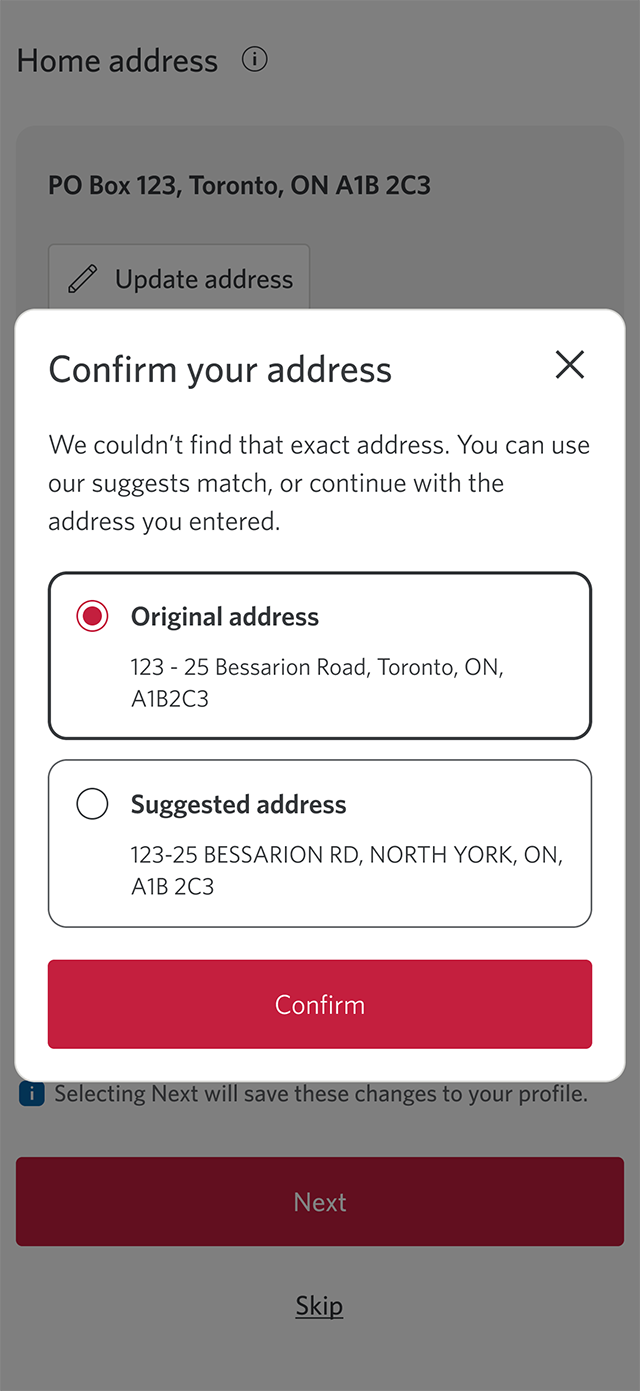 Demo screen 5: CIBC Mobile Banking App confirm your information prompt. A pulsing animation highlights the "Confirm" button.