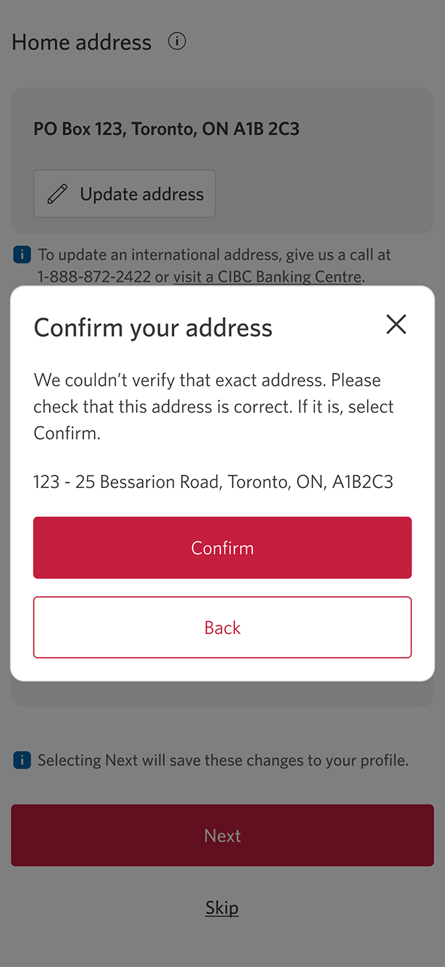 Demo screen 6: CIBC Mobile Banking App confirm your information prompt. A pulsing animation highlights the "Confirm" button.