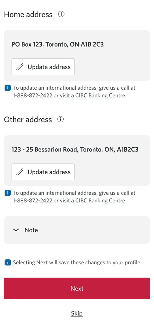 Demo screen 7: CIBC Mobile Banking App confirm your information prompt. A pulsing animation highlights the "Next" button.