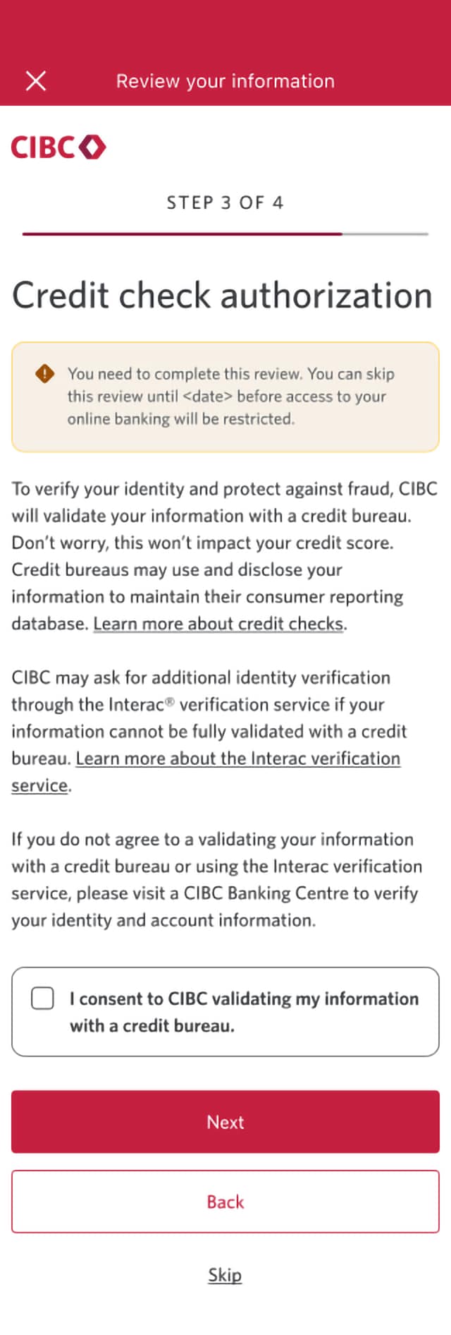 Demo screen 9: CIBC Online Banking credit check authorization. A pulsing animation highlights the checkbox for consent.