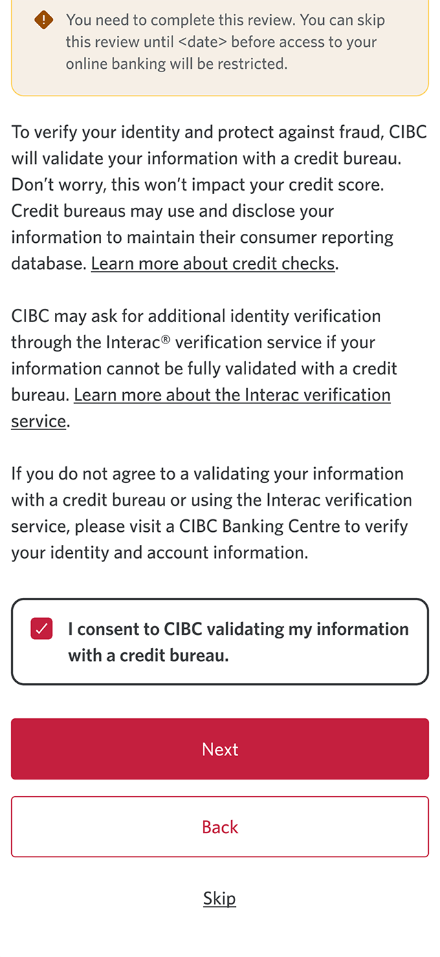 Demo screen 10: CIBC Online Banking credit check authorization. A pulsing animation highlights the "Next" button.