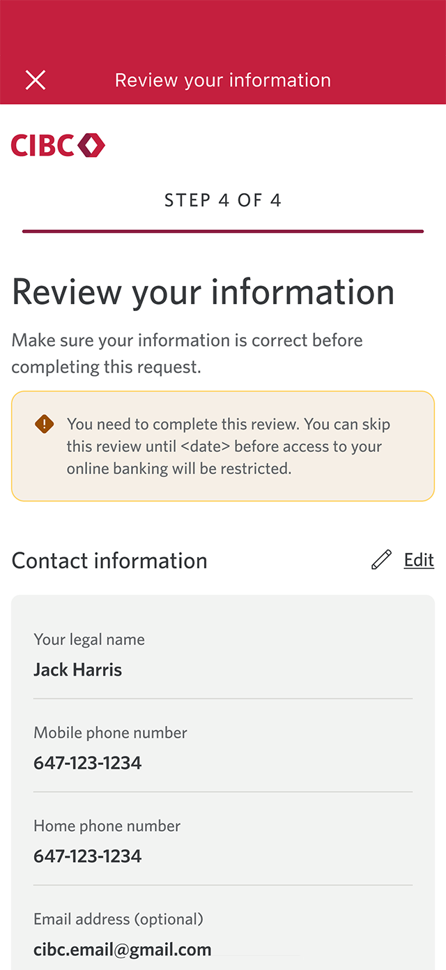 Demo screen 11: CIBC Online Banking credit check authorization. A pulsing animation highlights the contact information section.
