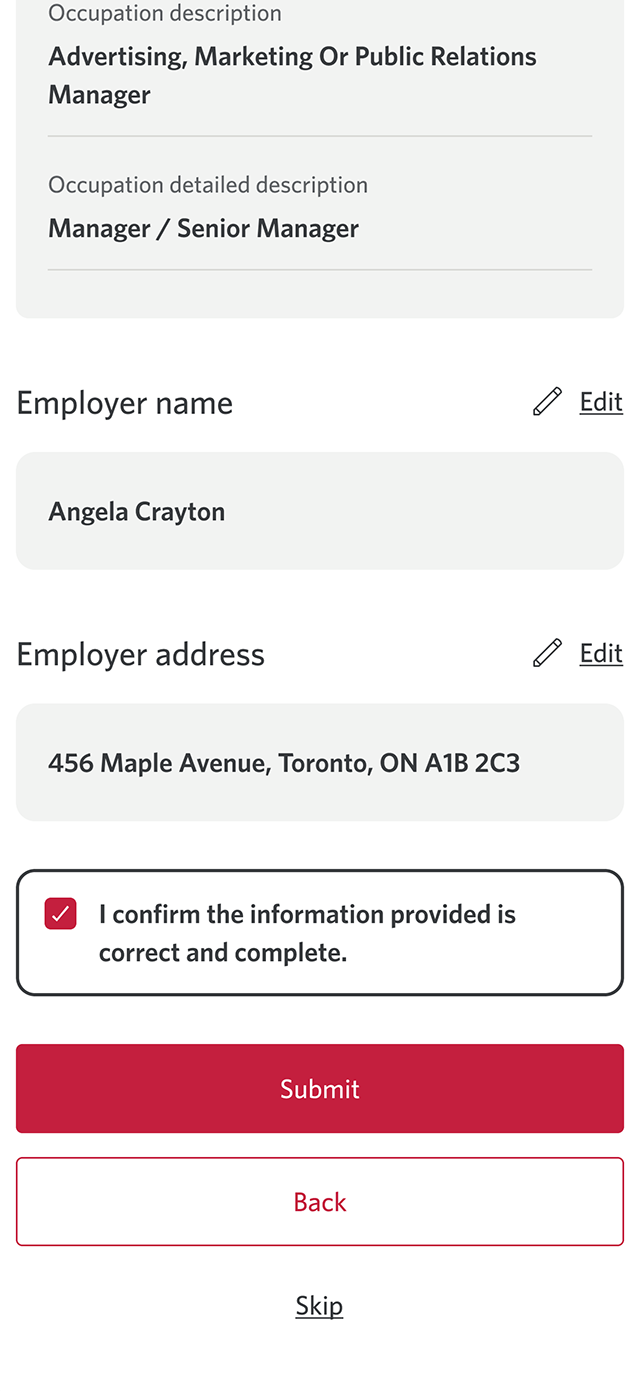 Demo screen 12: CIBC Online Banking credit check authorization. A pulsing animation highlights the submit button.