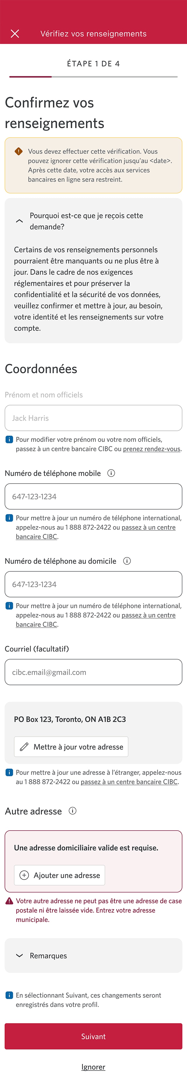 Écran 2 de la démonstration : Message « Confirmez vos renseignements » dans l’application Services bancaires mobiles CIBC. Une animation dynamique met en évidence le bouton Suivant.