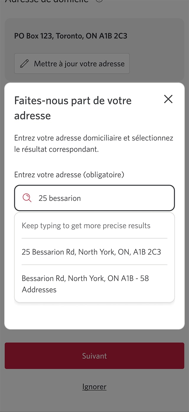 Écran 4 de la démonstration : Message « Confirmez vos renseignements » dans l’application Services bancaires mobiles CIBC. Une animation dynamique met en évidence le champ de recherche.