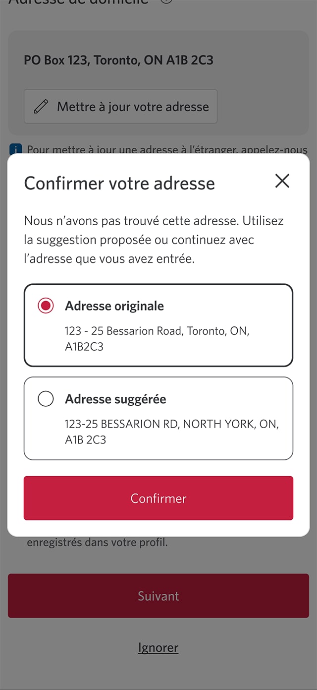 Écran 5 de la démonstration : Message « Confirmez vos renseignements » dans l’application Services bancaires mobiles CIBC. Une animation dynamique met en évidence le bouton Confirmer.