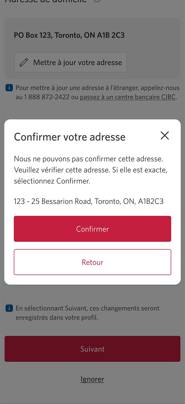 Écran 6 de la démonstration : Message « Confirmez vos renseignements » dans l’application Services bancaires mobiles CIBC. Une animation dynamique met en évidence le bouton Confirmer.