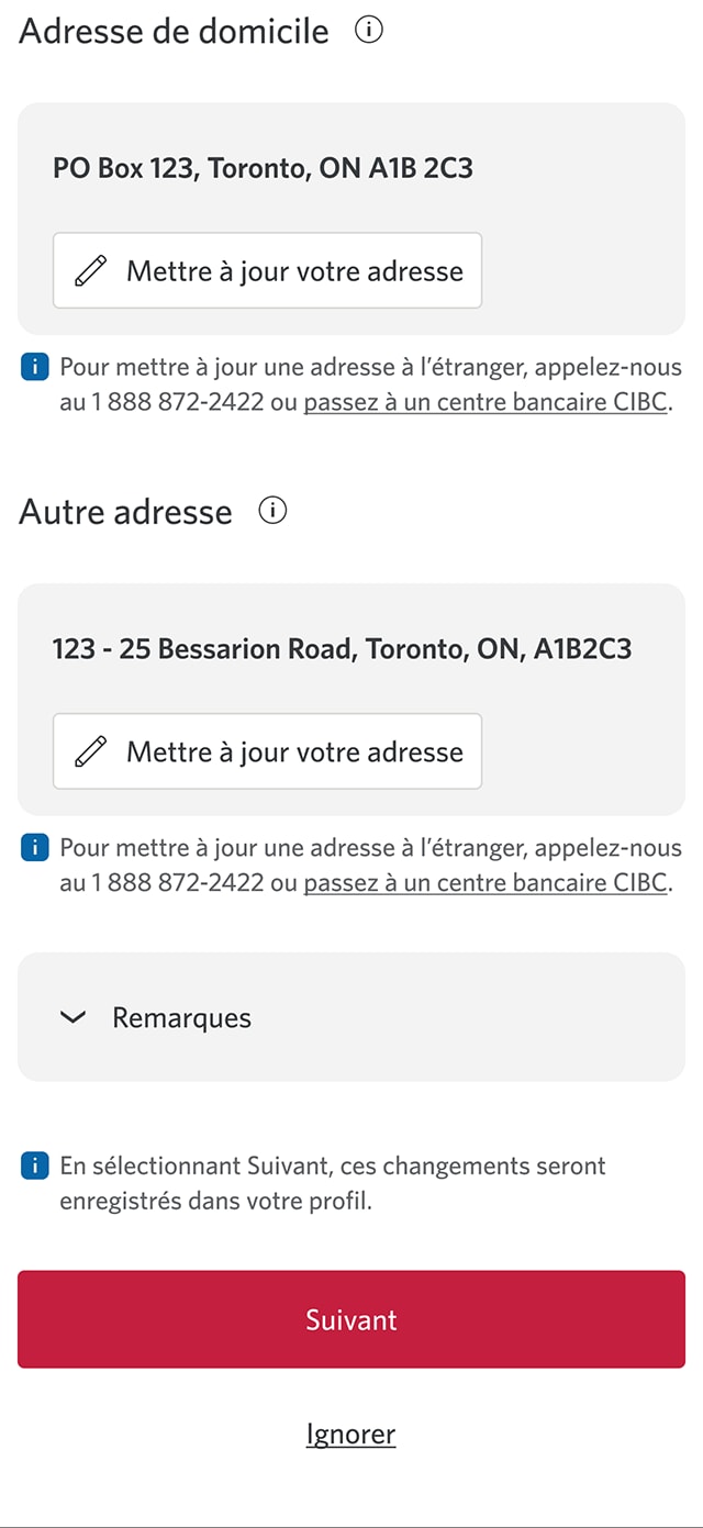 Écran 6 de la démonstration : Message « Confirmez vos renseignements » dans l’application Services bancaires mobiles CIBC. Une animation dynamique met en évidence le bouton Suivant.