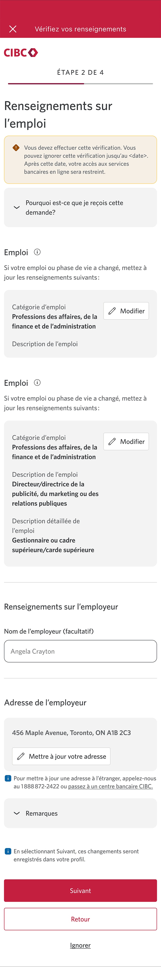 Écran 8 de la démonstration : Message « Confirmez vos renseignements » dans Services bancaires CIBC en direct. Une animation dynamique met en évidence le bouton Suivant.