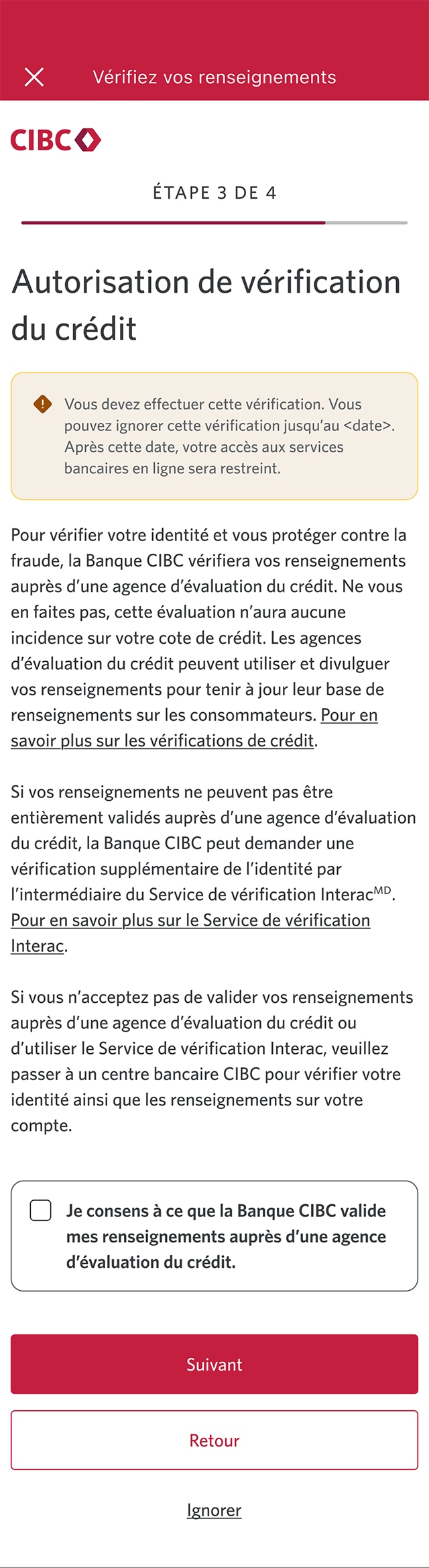 Écran 9 de la démonstration : Autorisation de vérification du crédit dans Services bancaires CIBC en direct. Une animation dynamique met en évidence la case à cocher pour le consentement.