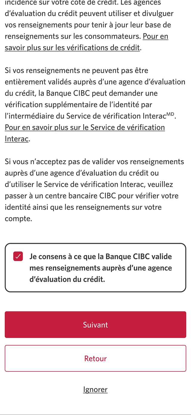 Écran 10 de la démonstration : Autorisation de vérification du crédit dans Services bancaires CIBC en direct. Une animation dynamique met en évidence le bouton Suivant.