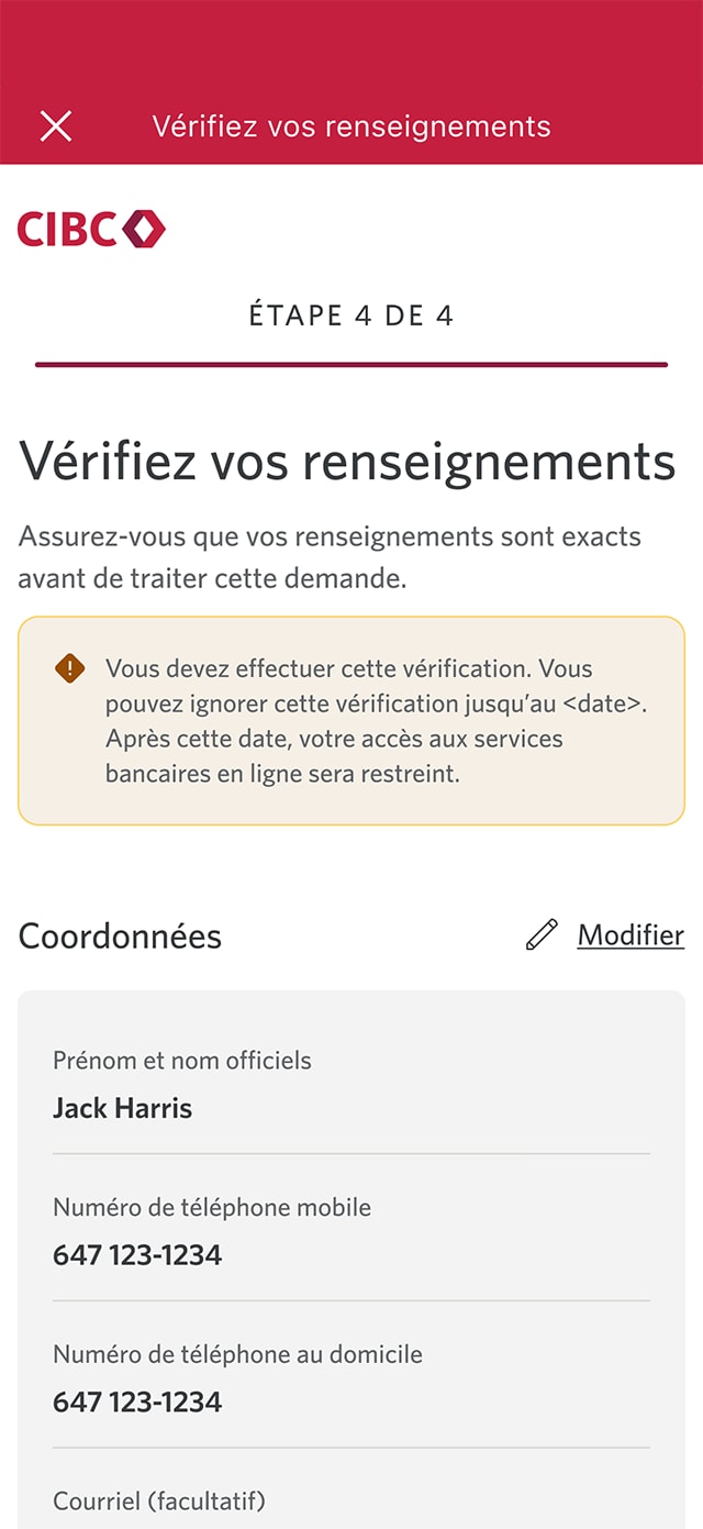 Écran 11 de la démonstration : Autorisation de vérification du crédit dans Services bancaires CIBC en direct. Une animation dynamique met en évidence la section des coordonnées.
