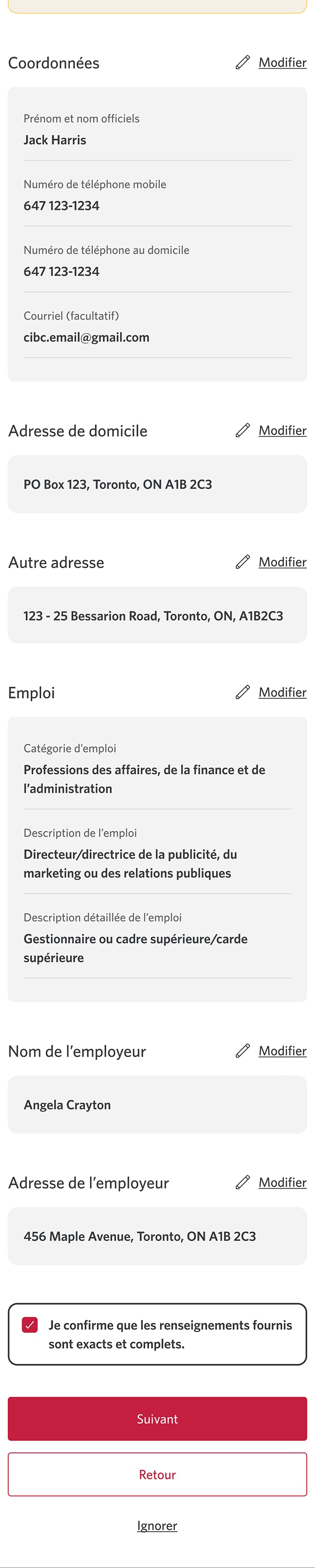 Écran 12 de la démonstration : Autorisation de vérification du crédit dans Services bancaires CIBC en direct. Une animation dynamique met en évidence le bouton Soumettre.