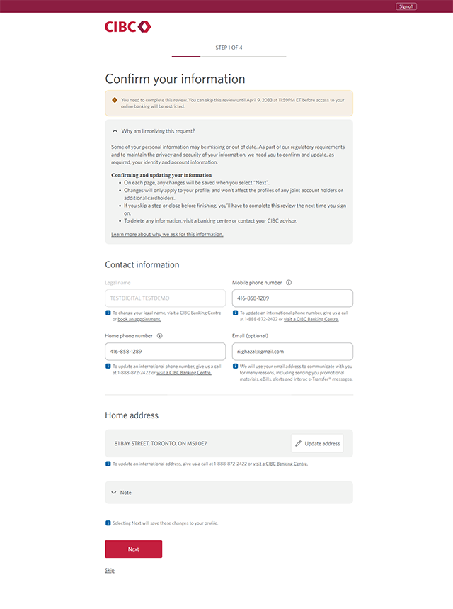 Demo screen 2: CIBC Online Banking confirm your information prompt. A pulsing animation highlights the "Add address" button.