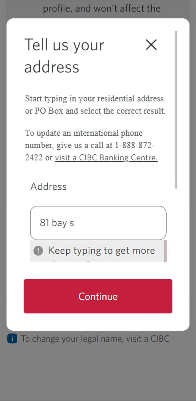 Demo screen 3: CIBC Online Banking confirm your information prompt. A pulsing animation highlights the address search field.