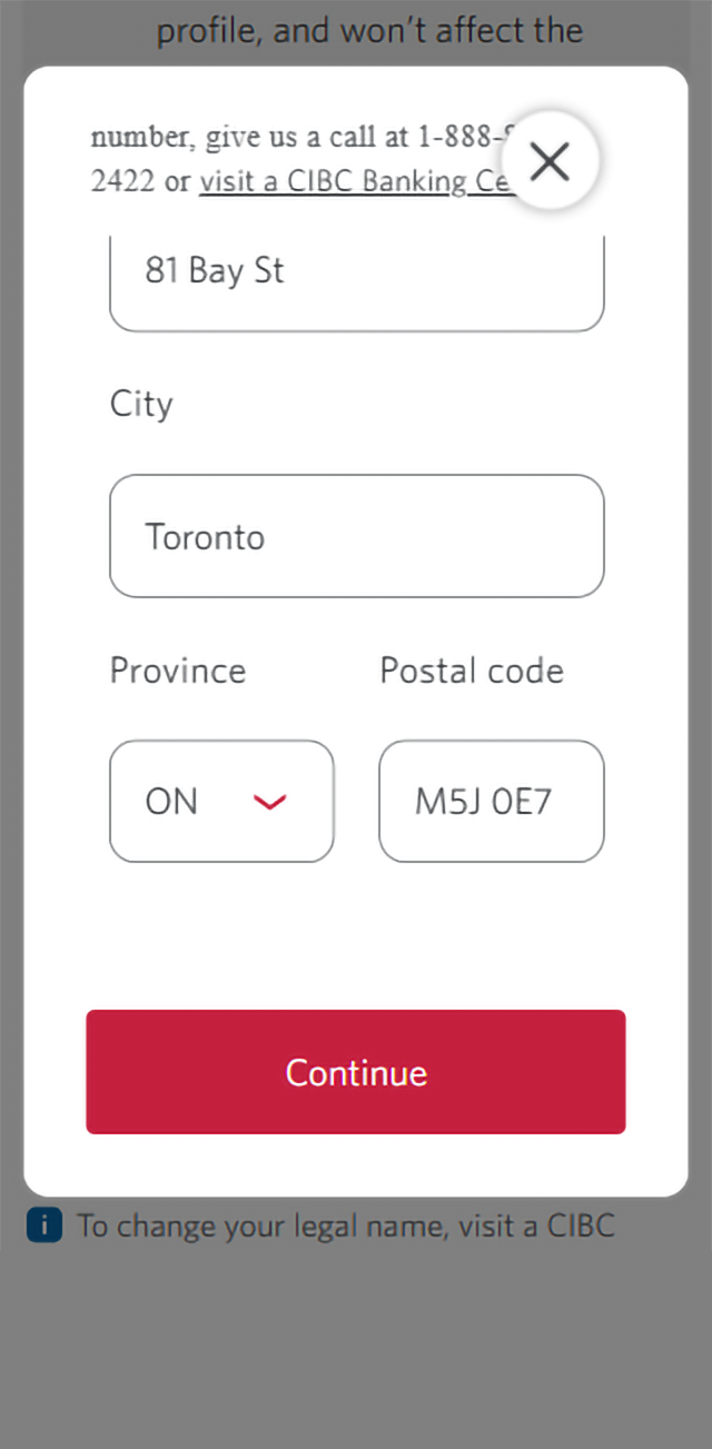 Demo screen 4: CIBC Online Banking confirm your information prompt. A pulsing animation highlights the search field.