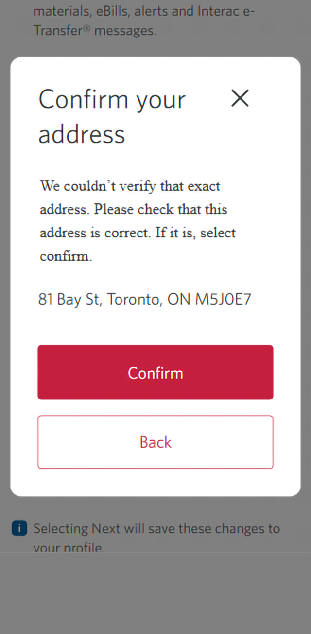 Demo screen 5: CIBC Online Banking confirm your information prompt. A pulsing animation highlights the "Confirm" button.