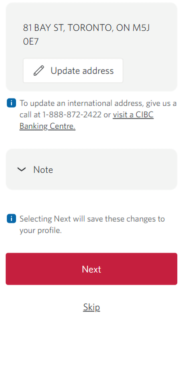 Demo screen 6: CIBC Online Banking confirm your information prompt. A pulsing animation highlights the "Next" button.