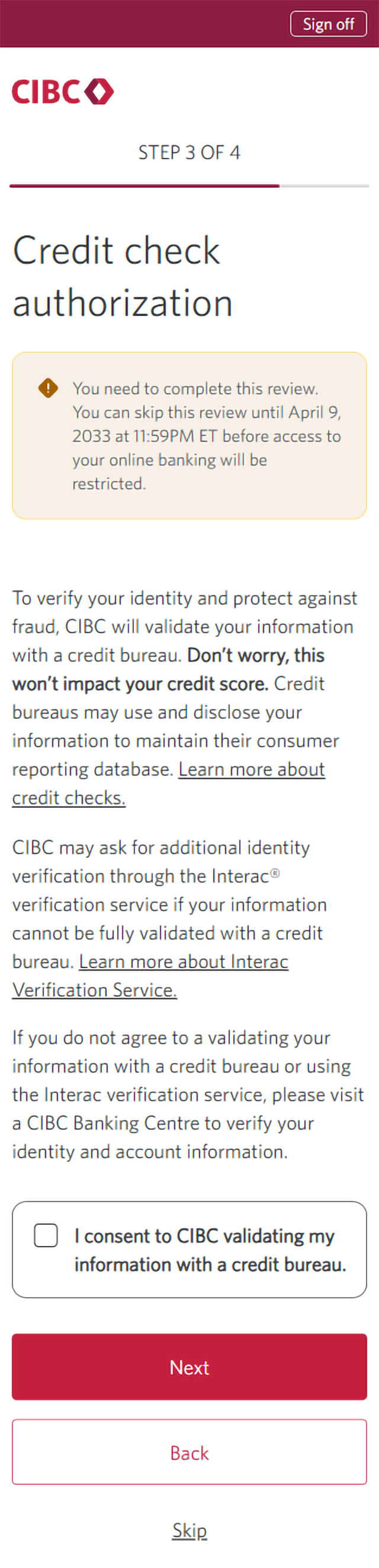Demo screen 8: CIBC Online Banking credit check authorization. A pulsing animation highlights the "Next" button.