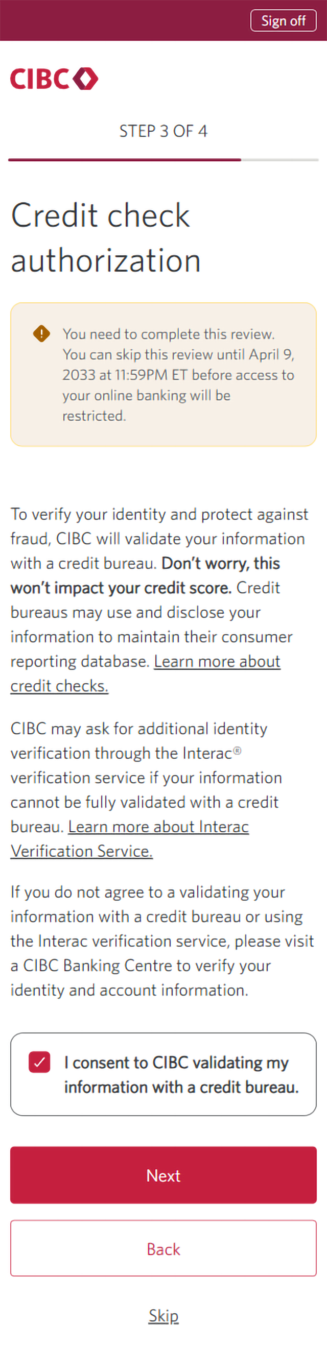 Demo screen 9: CIBC Online Banking confirm your information prompt. A pulsing animation highlights the "Submit" button.