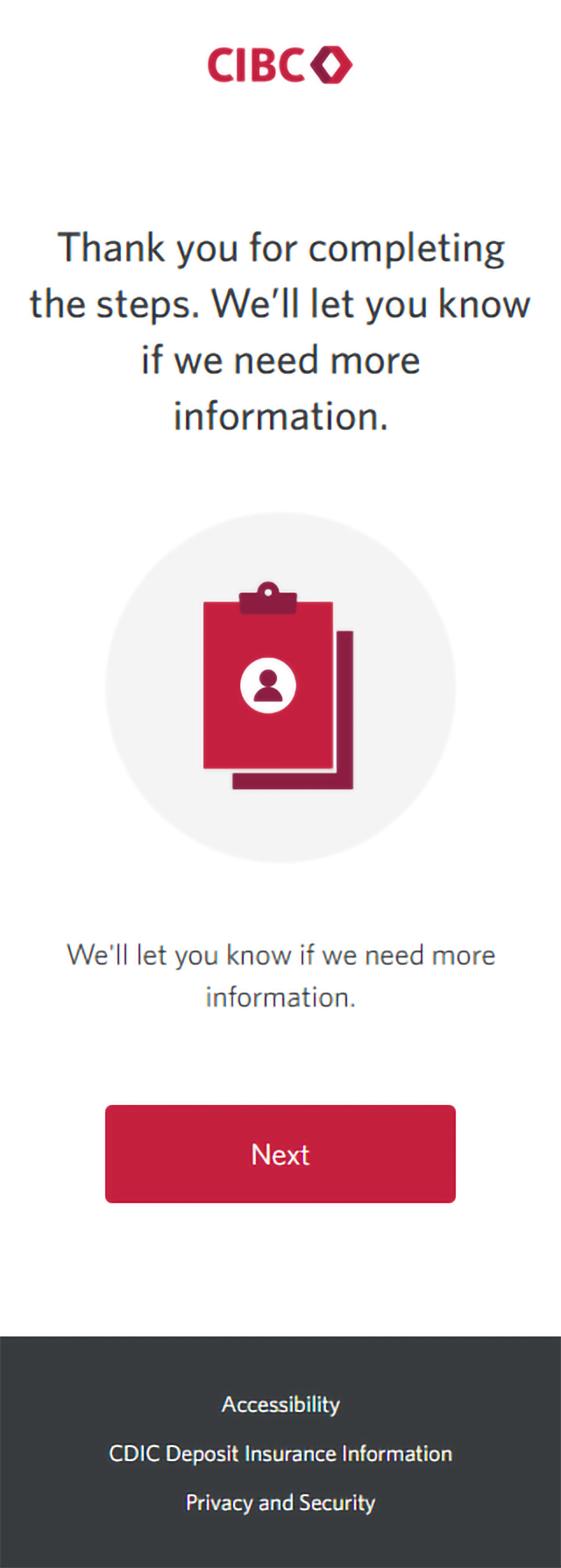 Demo screen 10: CIBC Online Banking confirm your information confirmation. No pulsing animation.