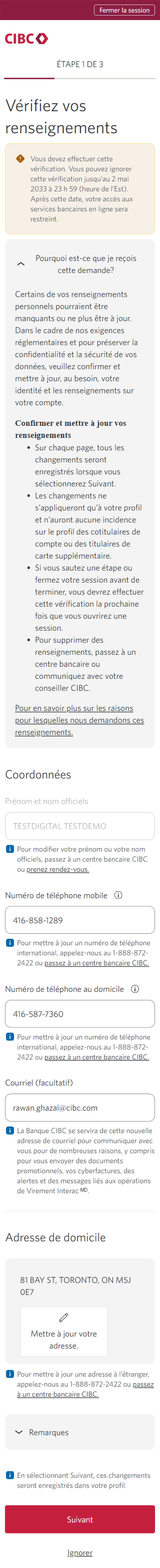 Écran 2 de la démonstration : Message « Confirmez vos renseignements » dans Services bancaires CIBC en direct. Une animation dynamique met en évidence le bouton Ajouter une adresse.