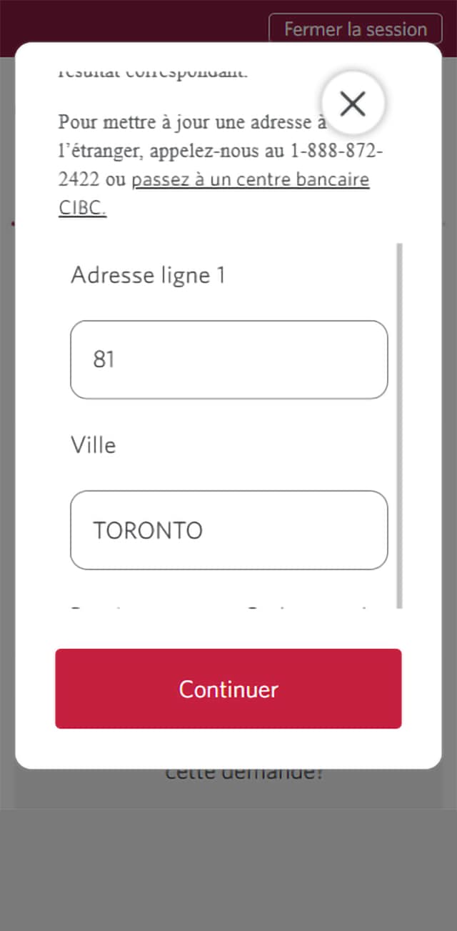 Écran 3 de la démonstration : Message « Confirmez vos renseignements » dans Services bancaires CIBC en direct. Une animation dynamique met en évidence le champ de recherche d’adresse.