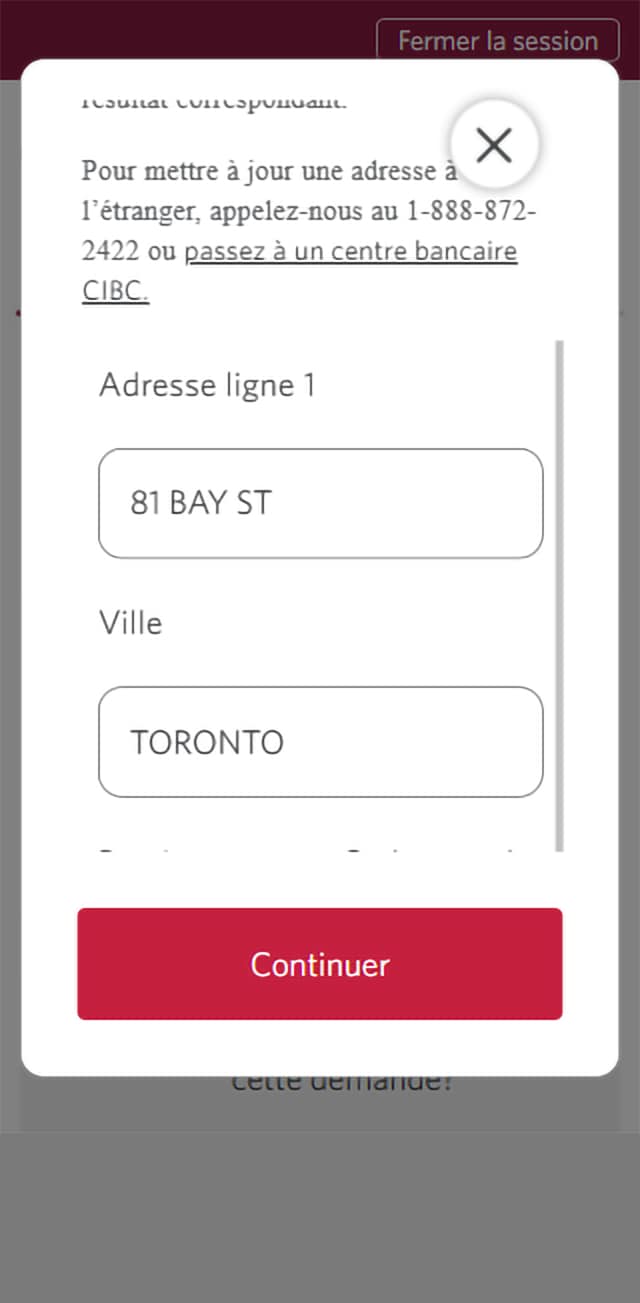 Écran 4 de la démonstration : Message « Confirmez vos renseignements » dans Services bancaires CIBC en direct. Une animation dynamique met en évidence le champ de recherche.