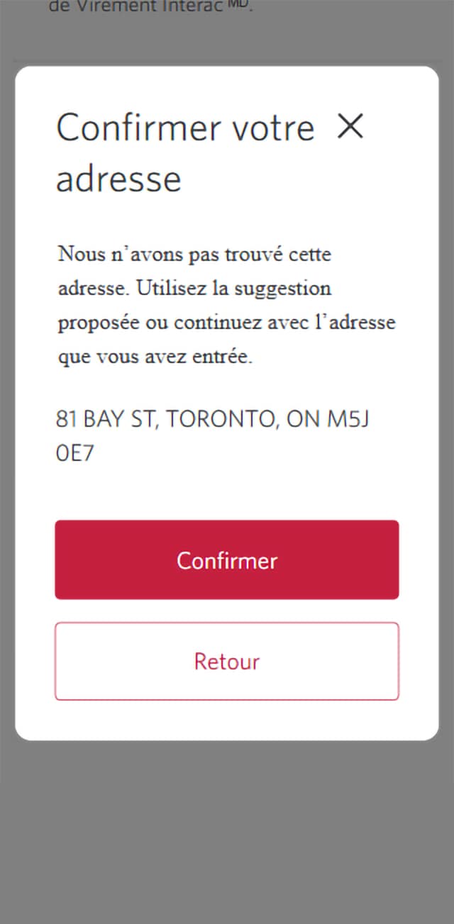 Écran 5 de la démonstration : Message « Confirmez vos renseignements » dans Services bancaires CIBC en direct. Une animation dynamique met en évidence le bouton Confirmer.