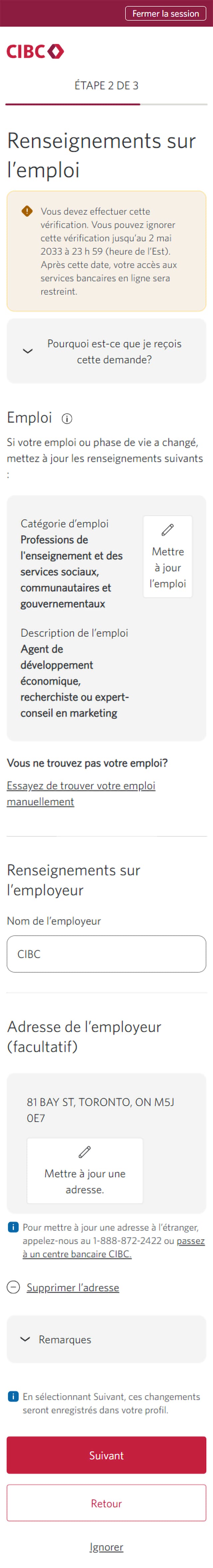 Écran 7 de la démonstration : Message « Confirmez vos renseignements » dans Services bancaires CIBC en direct. Une animation dynamique met en évidence le bouton Suivant.