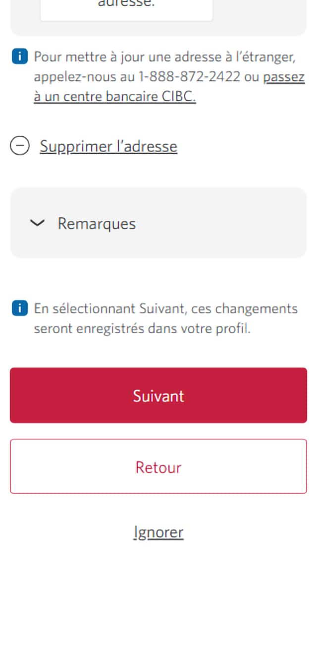 Écran 8 de la démonstration : Autorisation de vérification du crédit dans Services bancaires CIBC en direct. Une animation dynamique met en évidence le bouton Suivant.
