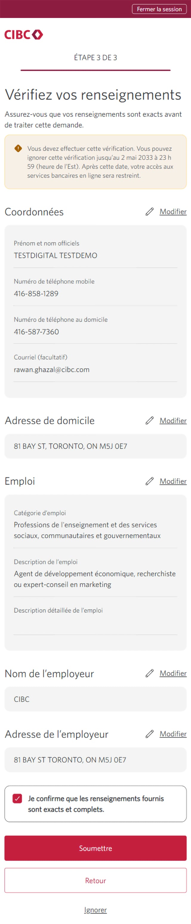 Écran 9 de la démonstration : Message « Confirmez vos renseignements » dans Services bancaires CIBC en direct. Une animation dynamique met en évidence le bouton Soumettre.